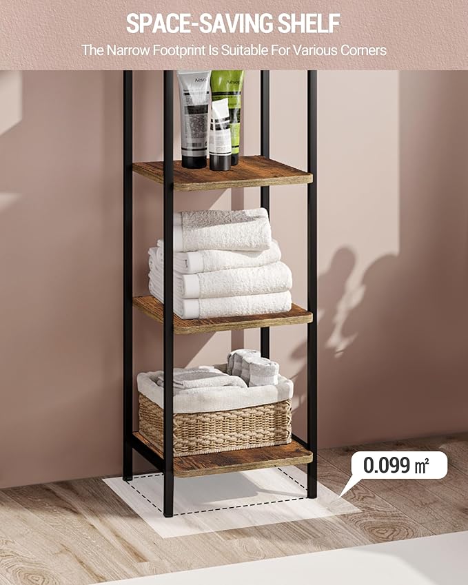 Bookcase Bookshelf, Narrow Book Shelf, Industrial Coner Shelf Storage Organizer, Slim Shelving Unit for Home Office, Living Room, Bedroom, Kitchen, 4-Tier Rustic Brown BC24401B