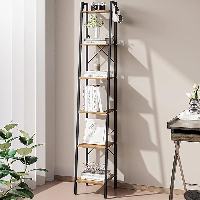 Ladder Shelf, Bookshelf Bookcase, Freestanding Corner Storage Shelve with 2 Hooks for Home Office, Living Room, Kitchen, Bedroom, Industrial, 6-Tier Rustic Brown BC13301B
