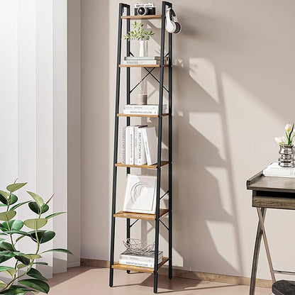 Ladder Shelf, Bookshelf Bookcase, Freestanding Corner Storage Shelve with 2 Hooks for Home Office, Living Room, Kitchen, Bedroom, Industrial, 6-Tier Rustic Brown BC13301B
