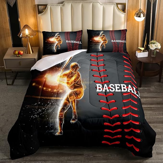 Erosebridal Baseball Bedding Set, Golden Athlete Comforter Set King Size, Sports Games Down Comforter for Kids Boys Girls Bedroom, Glitter Outer Space Duvet Insert for Living Room