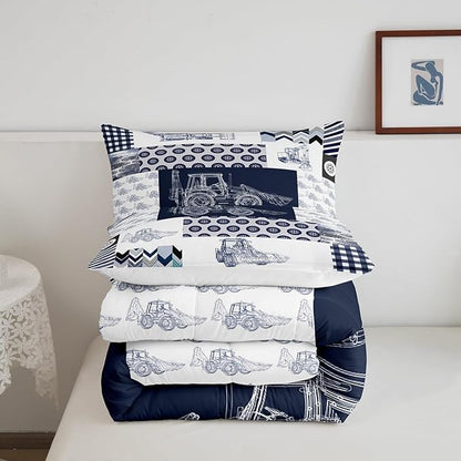 Feelyou Kids Construction Comforter Set Queen Size Equipment Trucks Bedding Set for Boys Cartoon Car Excavator Tractor Comforter Construction Vehicles Plaid Grid Blue and White Duvet Set