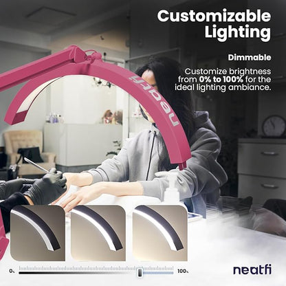 Neatfi Half Moon LED Table Lamp for Estheticians, Nail Tech, and Cosmetician for Nail Art, Facial, Waxing, Threading and Tattoo (with Clamp, Pink)