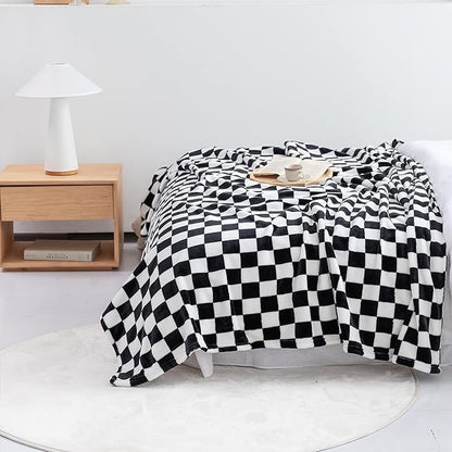 LOMAO Throw Blankets Flannel Blanket with Checkerboard Grid Pattern Soft Throw Blanket for Couch, Bed, Sofa Luxurious Warm and Cozy for All Seasons (Black, 90"x90")