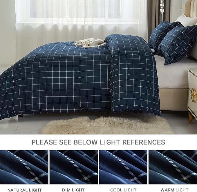 Andency Navy Grid Comforter Set Full Size (79x90 Inch), 3 Pieces(1 Grid Comforter and 2 Pillowcases), Summer Lightweight Microfiber Down Alternative Navy Comforter with White Lines