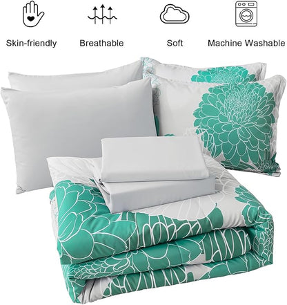 Yiran Grey Aqua Floral King Comforter Set Bed in a Bag Soft Microfiber Comforter Bedding Set 103"×90",7 Pieces (1 Comforter,2 Pillowcases,2 Pillow Shams,1 Flat Sheet,1 Fitted Sheet)
