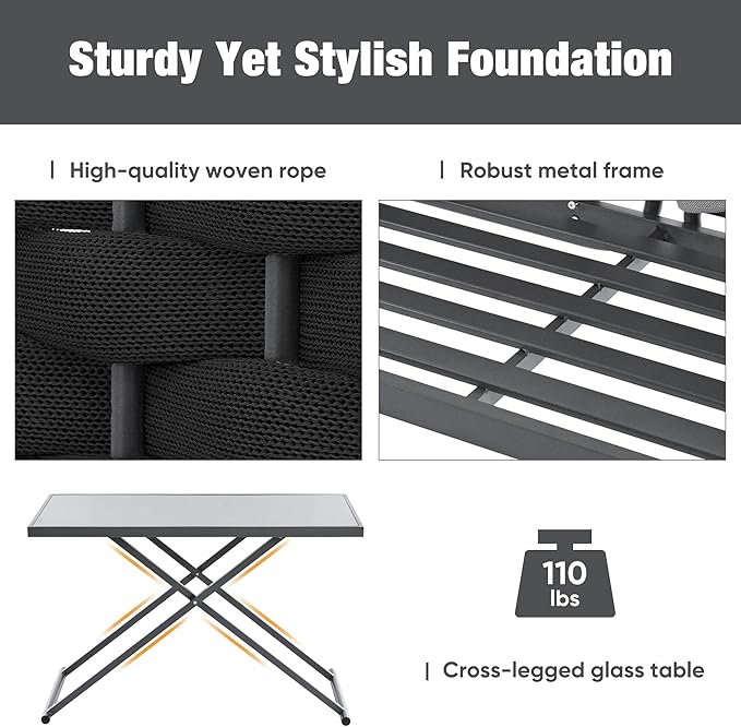 5-Piece Outdoor Patio Sectional L-shaped Sofa Set, Woven Rope Conversation Furniture with Loveseat, Corner Couch, Glass Coffee Table and Removable Cushions, Onesize, Black+Gray