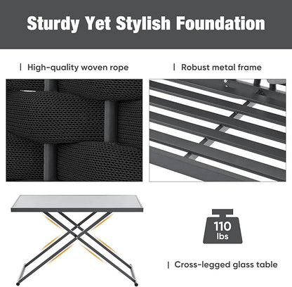 5-Piece Outdoor Patio Sectional L-shaped Sofa Set, Woven Rope Conversation Furniture with Loveseat, Corner Couch, Glass Coffee Table and Removable Cushions, Onesize, Black+Gray