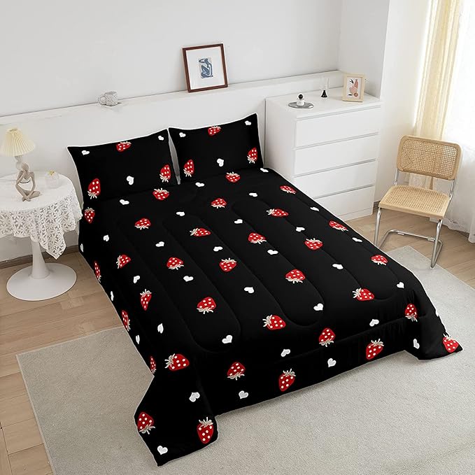 Kawaii Bedding Strawberry Comforter Set King Size Strawberry Decor Down Comforter Red Strawberry Bedding Set Cute Fruits Theme Sweet Strawberry Quilt Set Soft Reversible with 2 Pillowcases, Red Black