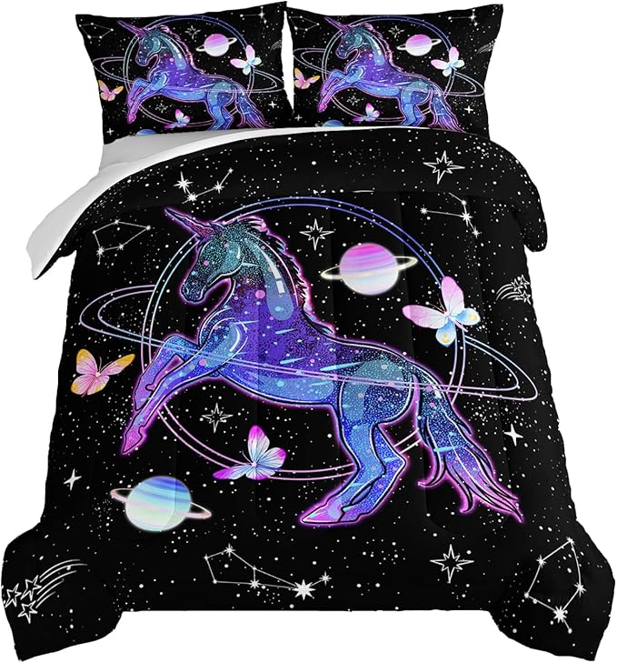 HOSIMA Unicorn Bedding Sets for Girls Kids,Butterfly Star Empty Galaxy Comforter,Unicorn Bedroom Decor for Girls Boys,Soft Microfiber Black King Size Comforter Set,Butterfly Crib Bedding Set.