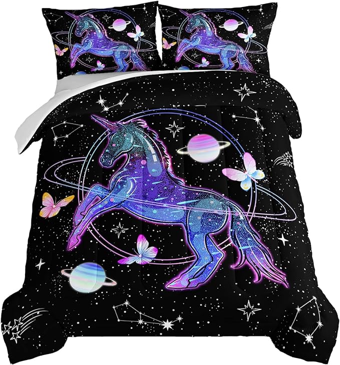 HOSIMA Unicorn Twin Bedding Sets for Girls Kids,Butterfly Star Empty Galaxy Comforter,Unicorn Bedroom Decor for Girls Boys,Soft Black Comforter Twin Bed in a Bag,Butterfly Crib Bedding Set.