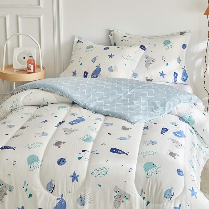 Joyreap 3pcs Premium Cotton Comforter Set for Kids Boys n Girls, Vibrant Ocean Theme Starfish Whale Crab Printed, Skin-friendly Breathable Bedding Comforter for All Season (Full/Queen, 88x88 inches)