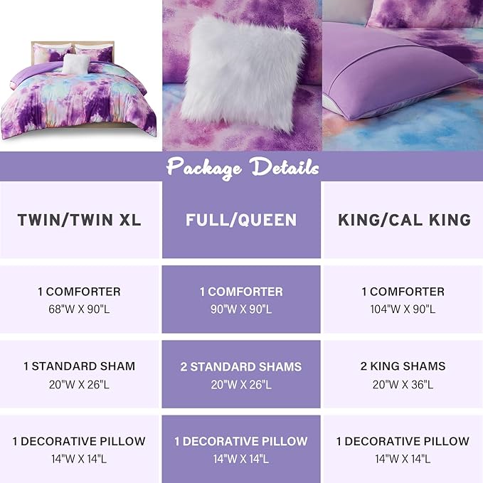 Intelligent Design King Size Comforter Set, Watercolor Comforter Set for Teen Girl & Boys, Tie Dye King Bedding Sets, 4 Pieces Cassiopeia Comforter, Sham, Throw Pillow King/Cal King Lavender