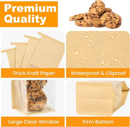 Ocmoiy Small Cookie Bags with Window, 3.9 x 3.5 x 9.5 Inches, 50 Pack | Tin Tie Tab Lock, Bakery Packaging Bag, Resealable Paper Pastry Bags, For Homemade Granola, Popcorn, Candies, Treat