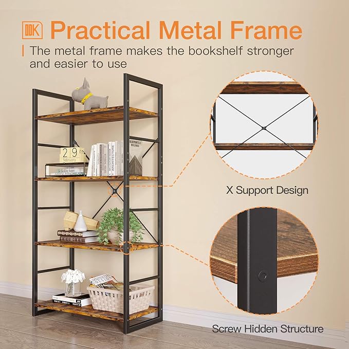 ODK Bookshelf, 4 Tier Shelf Storage Organizer, Modern Book Shelf with Metal Frame for Bedroom, Living Room and Home Office, Rustic Brown