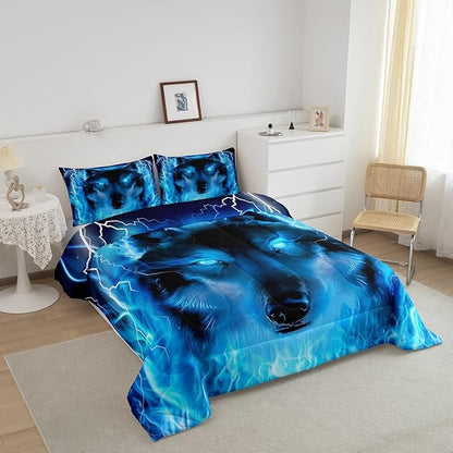Feelyou Wolf Bedding Set Safari Animal Pattern Comforter Cool Wildlife Style Comforter Set for Boys Girls Kids Room Decor Glitter Blue Wild Wolf Lightweight Duvet Set Queen Size with 2 Pillow Case