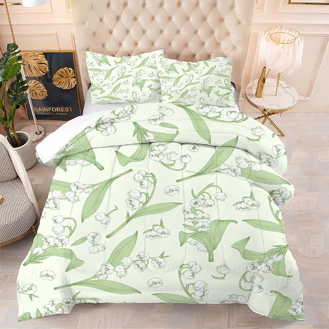 kxry Green Flower Comforter Sets Bedding Sets Twin Size Comforter Set for Girls Women Kids 1 Comforter + 1 Pillow Case