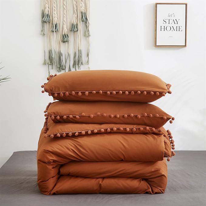 Pumpkin Comforter Set King Burnt Orange Pom Comforter 3 Pieces Pumpkin Color Boho Ball Pom Fringe King Comforter Bedding Set Women Solid Pumpkin King Bed Comforter Set All Season Gift