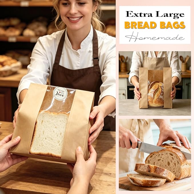 Extra Large Paper Bread Bags for Homemade Bread with Window & Sticker for XL Sourdough Breads, Round Loaf, Baked Goods, Oval Loaves, Brown Kraft - 20 Pcs 16x10x5 Inch