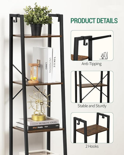 Ladder Shelf, Bookshelf Bookcase, Freestanding Corner Storage Shelve with 2 Hooks for Home Office, Living Room, Kitchen, Bedroom, Industrial, 5-Tier Rustic Brown BC03201B