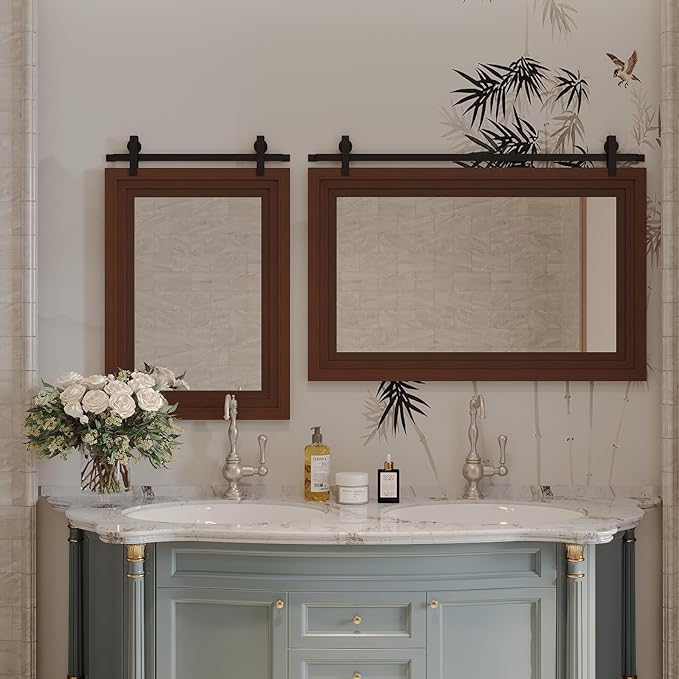 ALBAD Farmhouse Wood Framed Wall Mirror, Natural Wood and Framed Wall Mounted Bathroom Vanity Mirror for Farmhouse Decor, Vertical or Horizontal Hanging