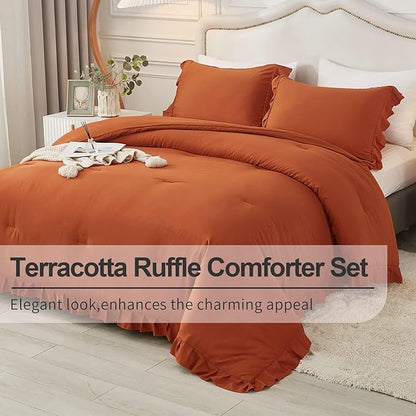 Andency California King Comforter Set Burnt Orange (104x96Inch), 3 Pieces Cal King Ruffle Comforter, Oversized Farmhouse Shabby Chic Bed Comforter, Lighteweight and Soft Microfiber Bedding Set