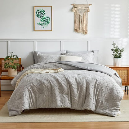 7 Pieces Tufted Bed in a Bag Queen Comforter Set with Sheets Light Grey, Soft and Embroidery Shabby Chic Boho Bohemian, Solid Color with Diamond Pattern, Jacquard Tufts Bedding Set for All Season
