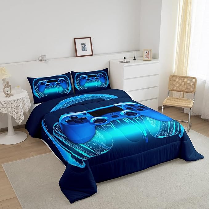 Gamer Comforter Set Full Size,Blue Headphones Musical Design Games Gamepad Bedding Set for Kids Boys Video Game Room Decor Retro Playing Gamer Down Comforter Gaming Controller Quilted Duvet Set