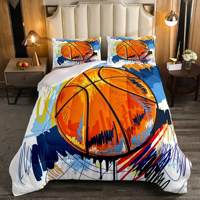 Kids Basketball Comforter Set King Size Boys Games Sports Theme Duvet Sets Youth Graffiti Tie Dye Bedding Set Basketball Sport Quilted Duvet with 1 Comforter and 2 Pillow Cases Colorful Orange Blue