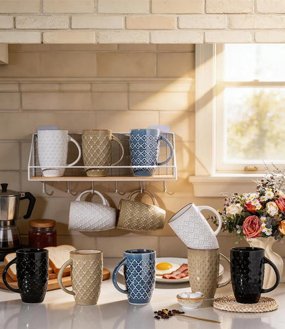 AmorArc Large Coffee Mugs Set of 6, 20oz Tall Coffee Mugs Set | with Texture Patterns for Cappuccino, Latte,Hot Cocoa, Dishwasher & Microwave Safe-Moonlight Blue