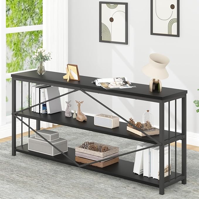 IBF 63" Black Low Horizontal Bookcase, Modern Long Wood Metal 3 Tier Book Shelf, Farmhouse Vintage Big open sturdy Bookshelf, Simple Large Wide Etagere for home living room office bedroom, Black Oak