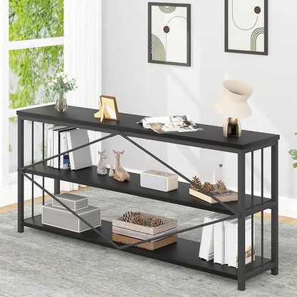 IBF 63" Black Low Horizontal Bookcase, Modern Long Wood Metal 3 Tier Book Shelf, Farmhouse Vintage Big open sturdy Bookshelf, Simple Large Wide Etagere for home living room office bedroom, Black Oak