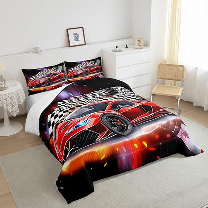 Feelyou Speed Sports Car Comforter Set Queen Size Extreme Sports Bedding Set for Kids Boys Girls Decor Red Comforter Microfiber Checkerboard Quilt Set Bedroom Bedclothes…