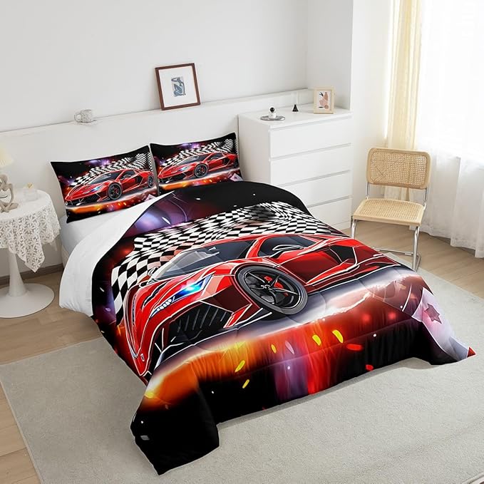 Feelyou Speed Sports Car Comforter Set King Size Extreme Sports Bedding Set for Kids Boys Girls Decor Red Comforter Microfiber Checkerboard Quilt Set Bedroom Bedclothes…