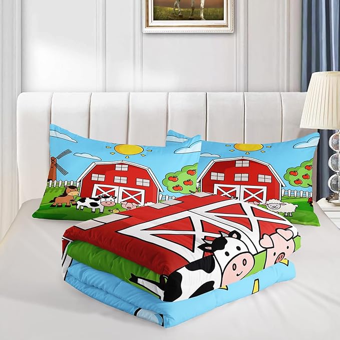 Farm Animals Comforter,Farmhouse Comforter Set for Kids Teens Girls Boys,Cartoon Animals 3Pcs Bedding Set Printed Comforter with 2 Pillowcases,Down Alternative,Soft and Lightweight，Full Size