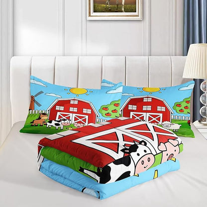 Farm Animals Comforter,Farmhouse Comforter Set for Kids Teens Girls Boys,Cartoon Animals 3Pcs Bedding Set Printed Comforter with 2 Pillowcases,Down Alternative,Soft and Lightweight，Queen Size