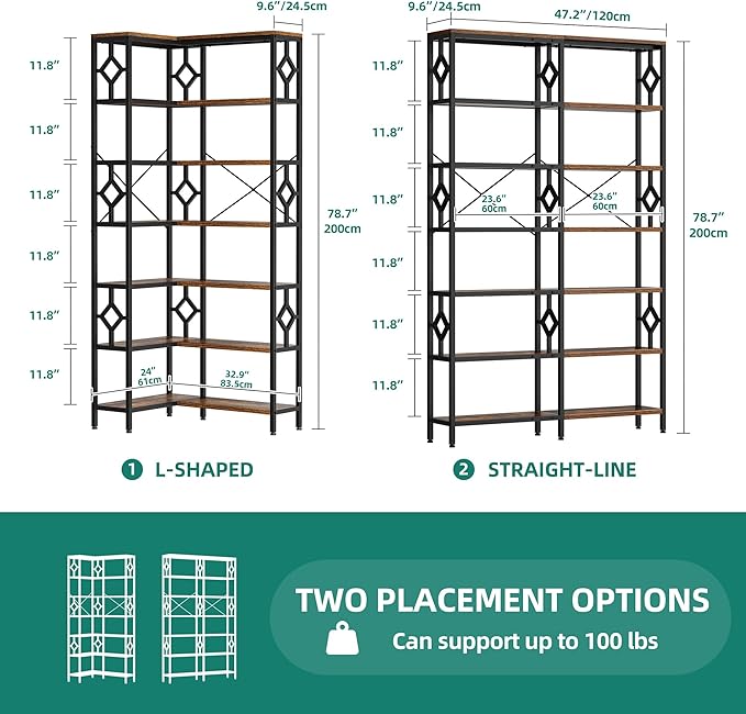 YITAHOME 7 Tier Corner Bookshelf Reversible Bookcase, Tall Bookshelf Display Rack Shelf with Metal Frame for Living Room, Bedroom, Home Office, Rustic Brown