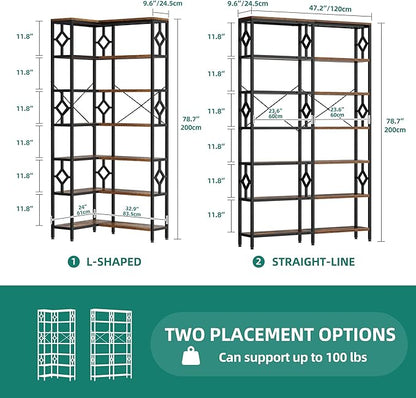 YITAHOME 7 Tier Corner Bookshelf Reversible Bookcase, Tall Bookshelf Display Rack Shelf with Metal Frame for Living Room, Bedroom, Home Office, Rustic Brown