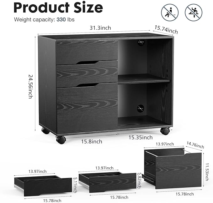 OLIXIS 3 Drawer File Cabinet Lateral Printer Stand with Adjustable Storage Shelves for Home Office Small Space, Black