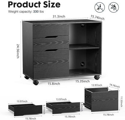OLIXIS 3 Drawer File Cabinet Lateral Printer Stand with Adjustable Storage Shelves for Home Office Small Space, Black