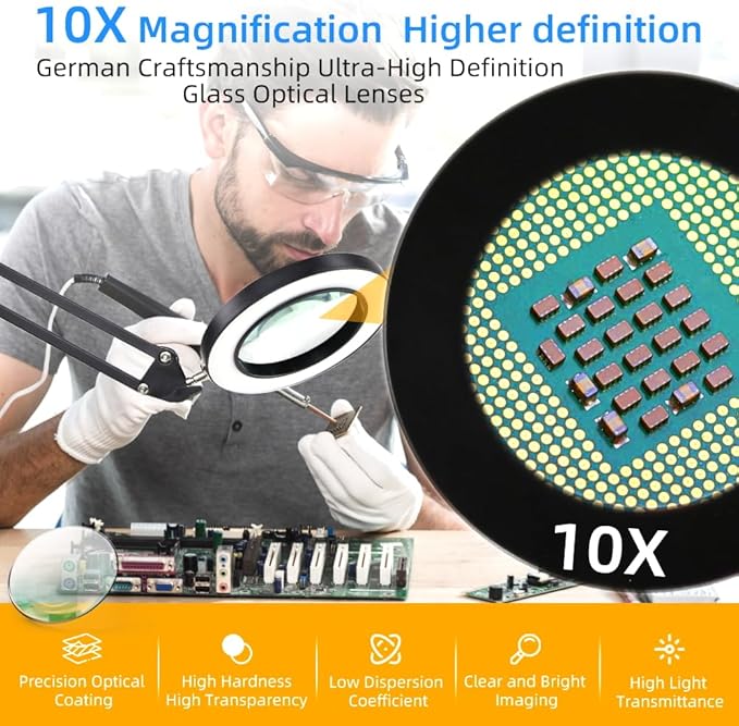 CANMEIJIA 10X Magnifying Glass with Light and Stand,5 Color Modes Stepless Dimmable Clamp on Desk Lamp,2-in-1 Hands-Free Magnifier Lamp for Craft,Painting,Soldering,Hobby,Sewing,Close Work,Reading