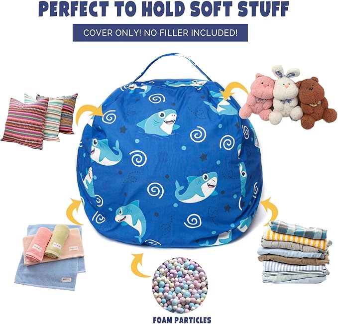 Stuffed Animal Storage Bean Bag Chair Cover, Hold Kids Plush Toys Blankets Towels Beanbag (Cover Only), Canvas Floor Circle Stuff Sit Seat Sofa with YKK Zipper, Extra Large 38", Blue Shark