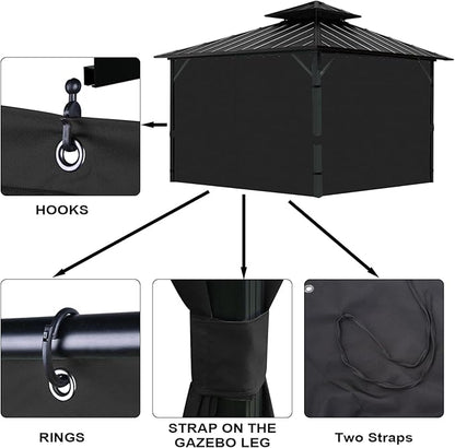 Gazebo Universal Replacement Privacy Curtain, 12'X12' Gazebo Curtains Outdoor Waterproof, 4-Panels Sidewall with Zipper for Patio, Garden and Backyard (Only Curtains, 12'X12', Black)