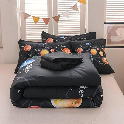 6 Pcs Outer Space Bedding Set Twin Solar System Comforter Set Universe Planets Theme Comforter for Boys Kids Ultra-Soft (1 Comforter, 2 Pillowcases, 1 Flat Sheet, 1 Fitted Sheet,1 Pillowcover)