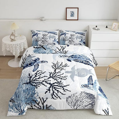 Turtle Comforter Set Twin,White Blue Hawaiian Turtle Bedding for Kids,Reptile Tortoise Quilt Duvet Set Coastal Beach Theme Comforter Retro Sea Turtle Bed Set for Boys Girls Bedroom Decor(Marine life)