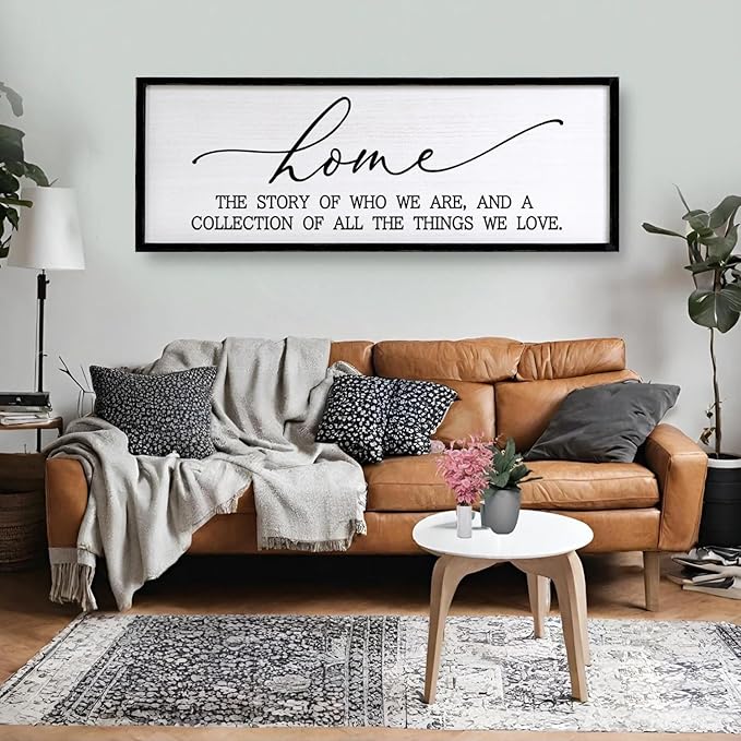 Home is the Story of Who We Are & a Collection of all the Things we Love Sign Framed Wall Art, 40''×15'' Rustic Horizontal Family Quote Wood Sign, Farmhouse Long Home Plaque Wall Decor