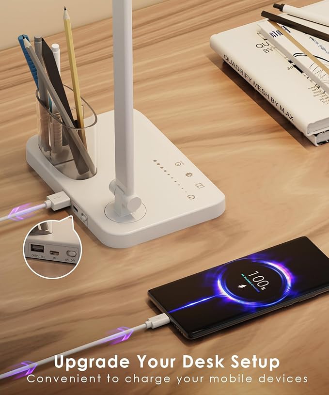 LED Desk Lamp with USB Charging Port, Eye-Caring Table Lamp, Touch Control Dimmable 5 Color Modes, 45 Min Auto-Off Timer, Foldable Study Desk Light for Home Office College Dorm & Reading