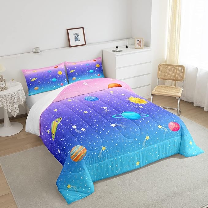 Erosebridal Cute Galaxy Comforter Set Full for Boys Girls Kids Stars Planet Space Bedding Set Kawaii Rainbow Pastel Bedding Comforter Sets Pink Blue Purple Ombre Cartoon Quilt Duvet 2 Pillow Cases