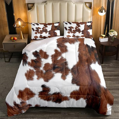Erosebridal Cowhide Comforter Set for Kids Boys, Cute Brown White Cow Bedding Set Twin Size, Farm Animal Skin Down Comforter Western Cowboy Country Duvet Sets Farmhouse Decoration