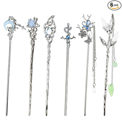 6PCS Star Moon Hair Sticks for Buns Long Hair Chinese Hanfu Asian Vintage Hair Chopsticks Metal Silver Hair Bun Updo Holders Long Hairpins for Women Girls