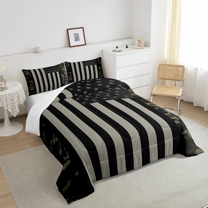 American Flag Comforter Set Twin Military Camo Down Comforter,Retro Army Green Camouflage USA Flag Bedding Set For Kids Boys Teens Men Bedroom,Black Grey Stars Stripes Quilt Duvet Set 1 Pillow Case